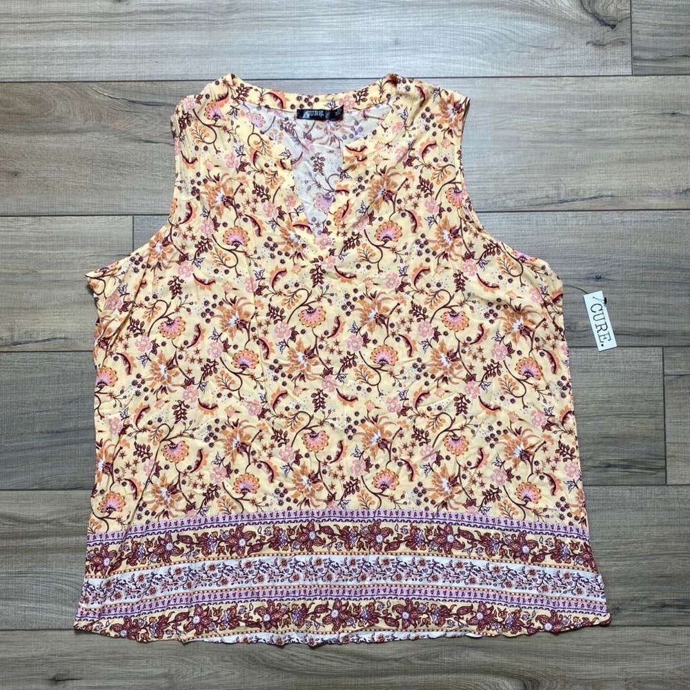 Cure Womens Floral Split Neck Tank Top Size 3XL Orange Purple White Brown